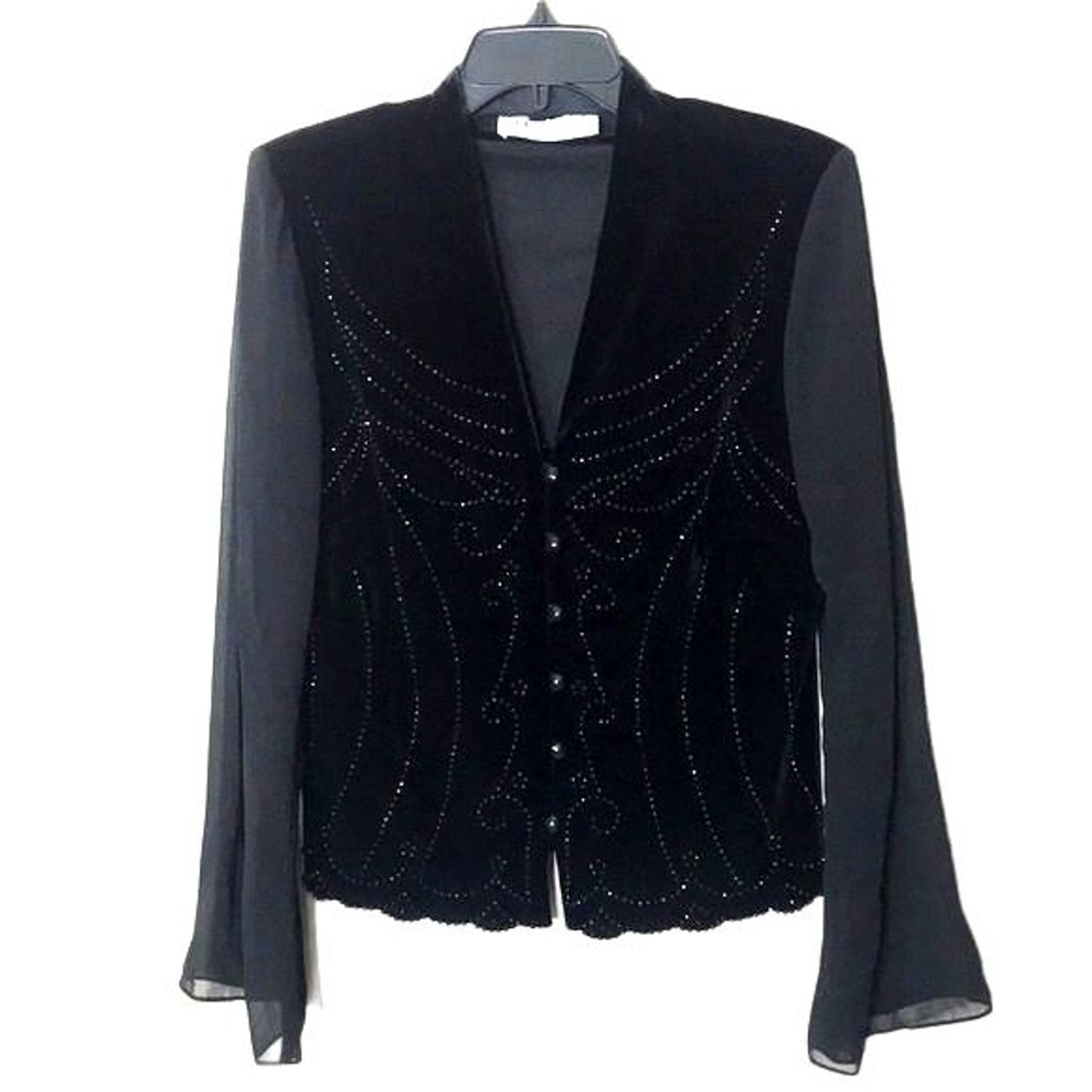 vtg J.R. Nites Women's Beaded Velvet Evening blouse sheer arms button up  medium